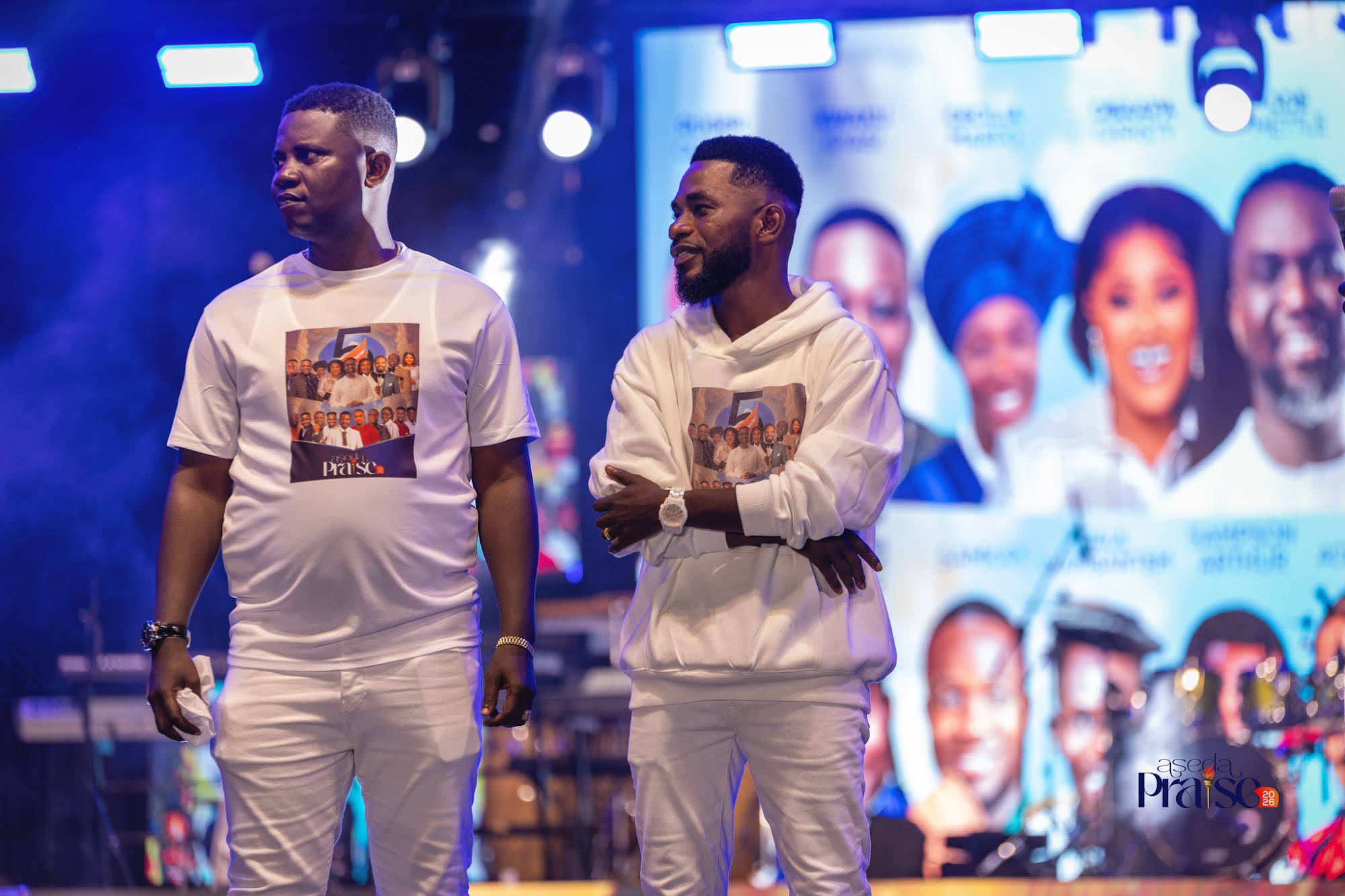 Co-founders Evans Ghartey and Frederick Lomotey on stage at Aseda Praise
